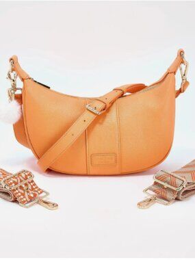 Pom Pom London Leather Sutton Crescent Crossbody-Tangerine-NEW-A685847